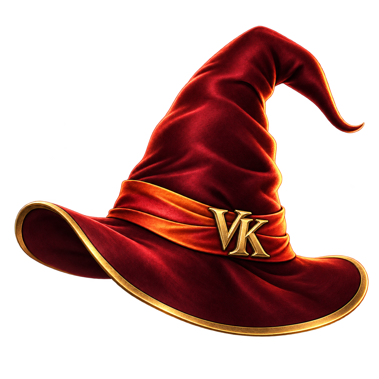 Red wizard hat with a gold VK emblem